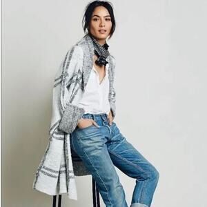 Free People | Womens Grey & White Windowpane Plaid Oversized Wool Blend Cardigan